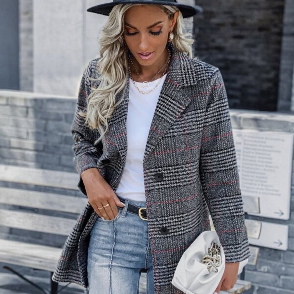 Plaid double breasted trench pea coat preppy tweed - Picture 6 of 6